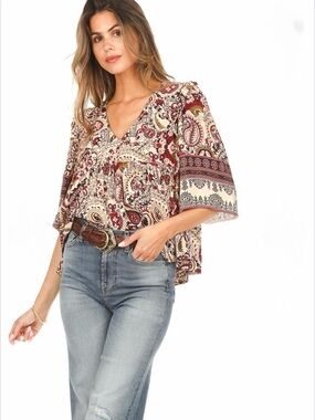 ba&sh Cream and Burgundy Paisley V-Neck Boho Blouse